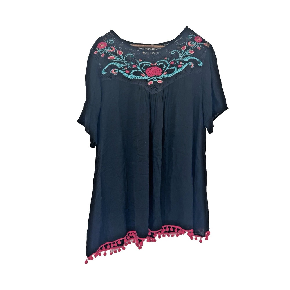 Oversized Embroidered Boho Tunic Black pompom trim festival country western L